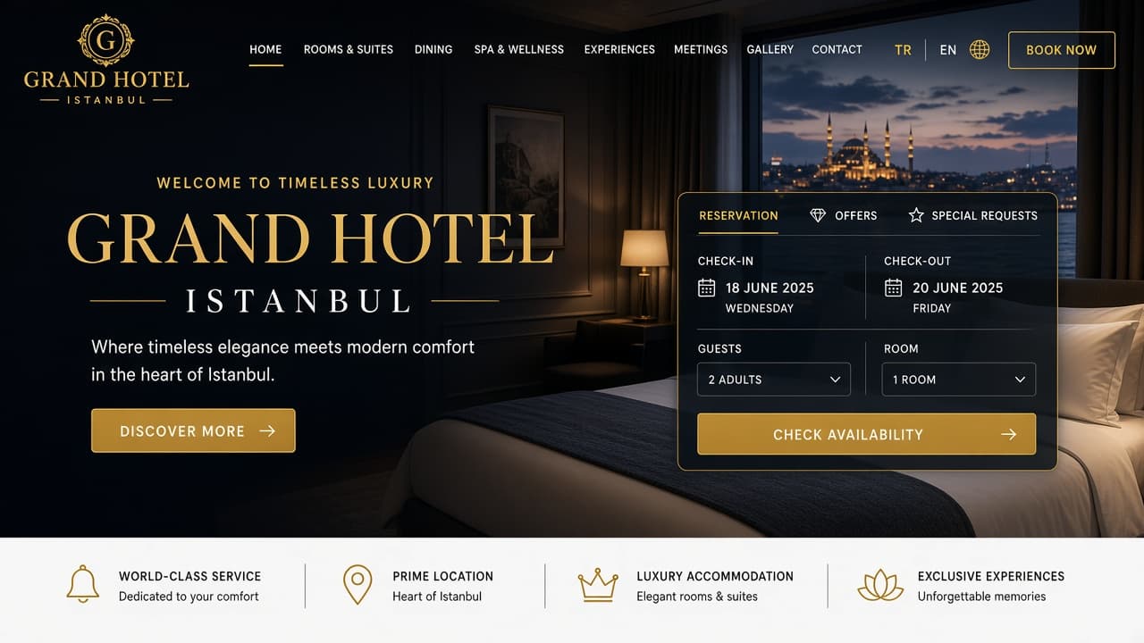 Grand Otel modern web sitesi — rezervasyon odaklı dijital vitrin