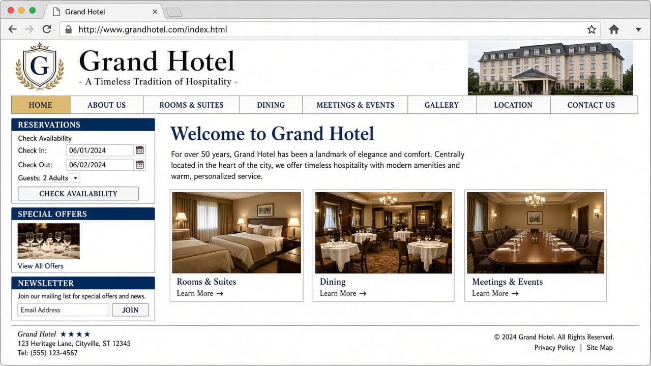 Eski tip otel web sitesi — küçük görseller, eski navigasyon — konsept görsel